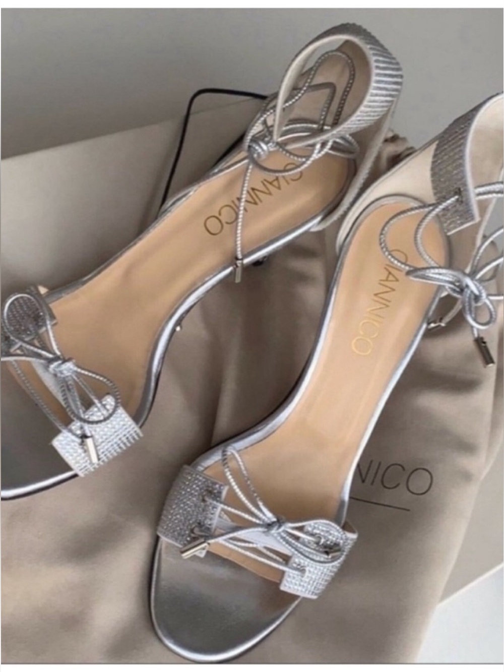 Giannico Silver Swarovski Crystal Studded Ankle Tie High Heel Sandals 8 1/2